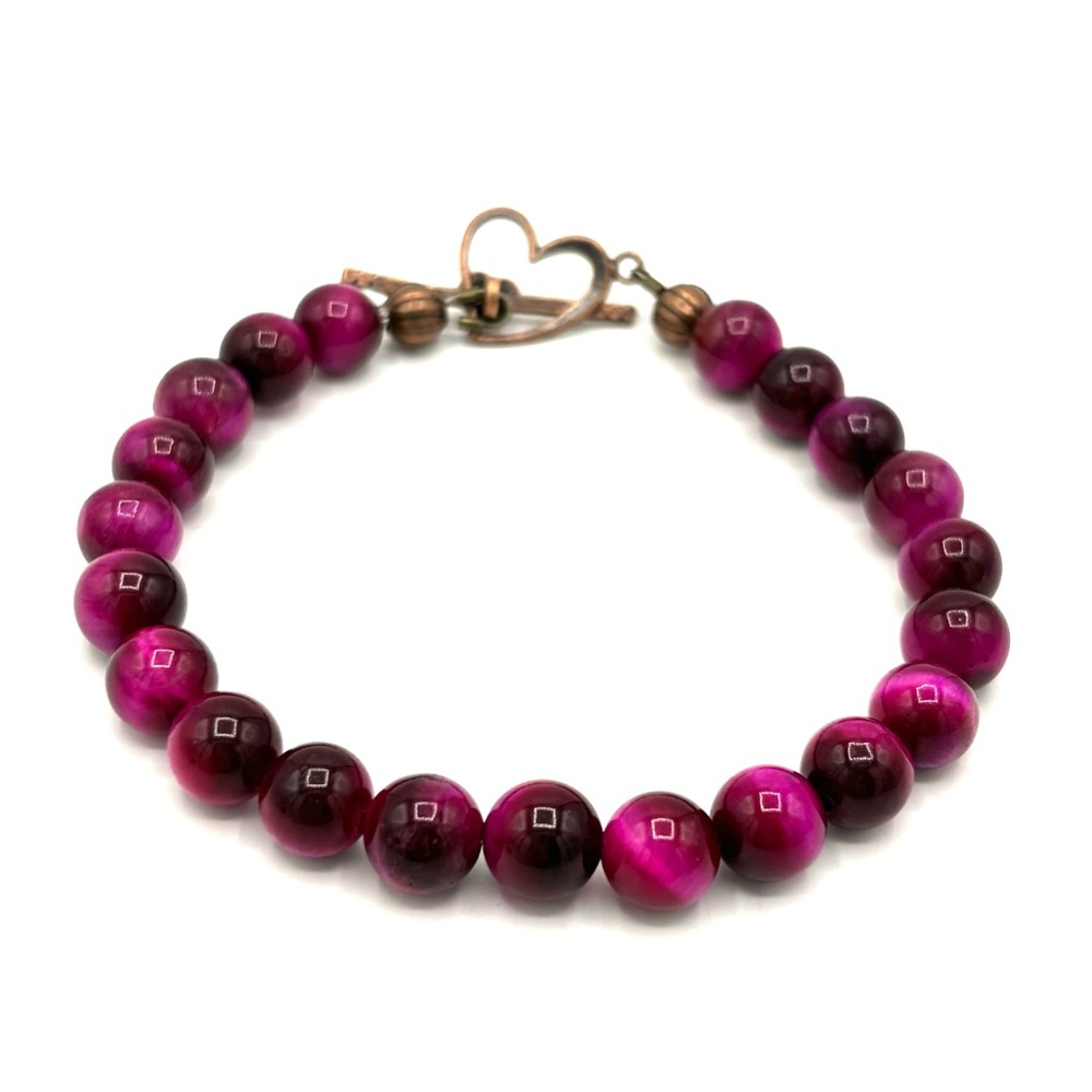Hand Crafted Magenta Tiger Eye Bracelet with Heart Toggle - Picture 4 of 7